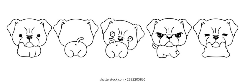 Collection of Vector Cartoon Boxer Dog Coloring Page. Set of Kawaii Isolated Pet Outline for Stickers, Baby Shower, Coloring Book, Prints for Clothes. 