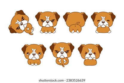 Collection of Vector Cartoon Boxer Dog Art. Set of Kawaii Isolated Animal Illustrations for Prints for Clothes, Stickers, Baby Shower, Coloring Pages. 