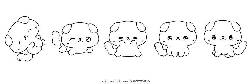 Collection of Vector Cartoon British Shorthair Kitty Coloring Page. Set of Kawaii Isolated Baby Animal Outline for Stickers, Baby Shower, Coloring Book, Prints for Clothes. 