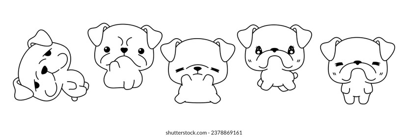 Collection of Vector Cartoon Bulldog Dog Coloring Page. Set of Kawaii Isolated Pet Outline for Stickers, Baby Shower, Coloring Book, Prints for Clothes. 