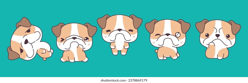 Collection of Vector Cartoon Bulldog Dog Art. Set of Kawaii Isolated Pet Illustrations for Prints for Clothes, Stickers, Baby Shower, Coloring Pages. 