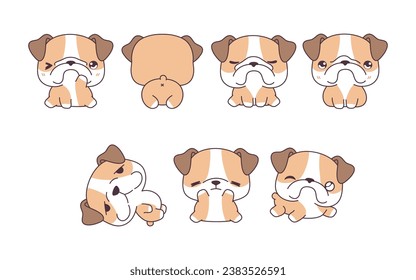 Collection of Vector Cartoon Bulldog Dog Art. Set of Kawaii Isolated Pet Illustrations for Prints for Clothes, Stickers, Baby Shower, Coloring Pages. 