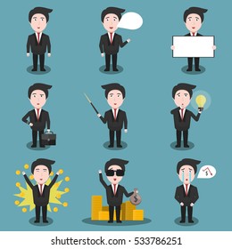 Collection of vector cartoon businessman character in communication poses and various emotions. Concept of marketing and economy.