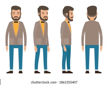 Collection of vector cartoon character. Businessman wearing suit with black bow tie, yellow shirt, blue trousers. Dresscode of adult business person. Views of stylish man from front, back sides