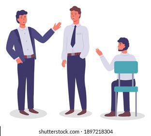 Collection of vector cartoon characters. Executive businessmen talking, gesturing, waving hands. Business meeting. Young man sitting at chair. Set of office workers communicating, isolated at white