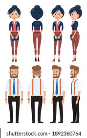 Collection of vector cartoon characters. Stylish businesswoman and businessman, view from front, back sides. Set of businesspeople wearing office suit, accessories. Dresscode of business person