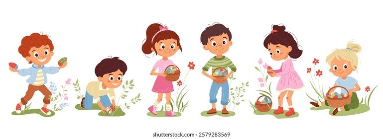 Collection of vector cartoon children hunting for Easter eggs Boys and girls searching colorful eggs during holiday festivities Perfect kids character design for typography, cards, flyers, invitations