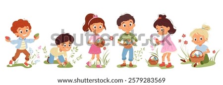 Collection of vector cartoon children hunting for Easter eggs Boys and girls searching colorful eggs during holiday festivities Perfect kids character design for typography, cards, flyers, invitations