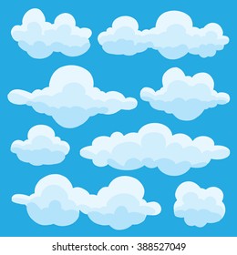 Collection of vector cartoon clouds in different shapes on blue background