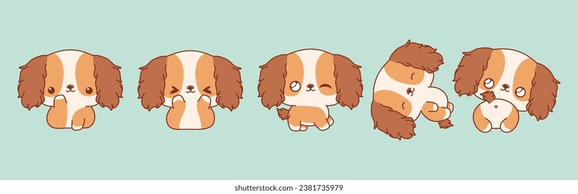 Collection of Vector Cartoon Cocker Spaniel Puppy Art. Set of Kawaii Isolated Animal Illustrations for Prints for Clothes, Stickers, Baby Shower, Coloring Pages. 