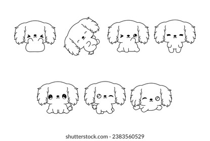 Collection of Vector Cartoon Cocker Spaniel Puppy Coloring Page. Set of Kawaii Isolated Pet Outline for Stickers, Baby Shower, Coloring Book, Prints for Clothes. 