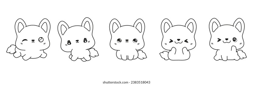 Collection of Vector Cartoon Corgi Puppy Coloring Page. Set of Kawaii Isolated Dog Outline for Stickers, Baby Shower, Coloring Book, Prints for Clothes. 