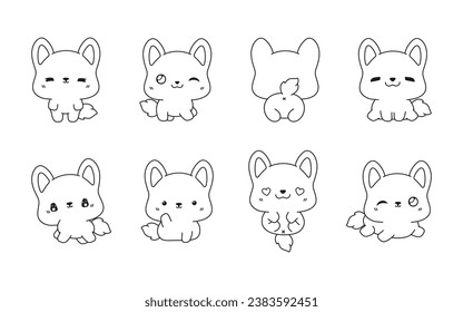 Collection of Vector Cartoon Corgi Puppy Coloring Page. Set of Kawaii Isolated Dog Outline for Stickers, Baby Shower, Coloring Book, Prints for Clothes. 