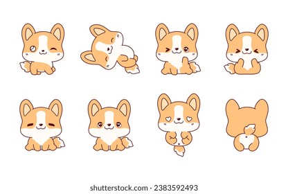 Collection of Vector Cartoon Corgi Puppy Art. Set of Kawaii Isolated Dog Illustrations for Prints for Clothes, Stickers, Baby Shower, Coloring Pages. 