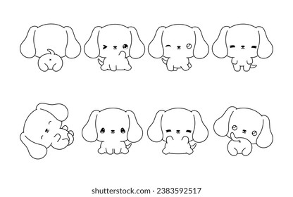 Collection of Vector Cartoon Dachshund Puppy Coloring Page. Set of Kawaii Isolated Baby Dog Outline for Stickers, Baby Shower, Coloring Book, Prints for Clothes. 