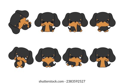 Collection of Vector Cartoon Dachshund Puppy Art. Set of Kawaii Isolated Baby Dog Illustrations for Prints for Clothes, Stickers, Baby Shower, Coloring Pages. 