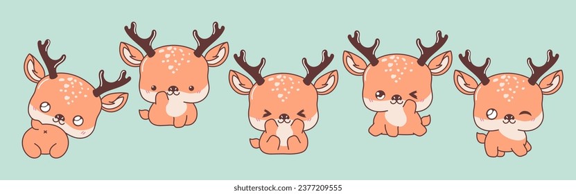 Collection of Vector Cartoon Deer Art. Set of Kawaii Isolated Animal Illustrations for Prints for Clothes, Stickers, Baby Shower, Coloring Pages. 