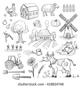 A collection of vector cartoon drawings on farming on a white background