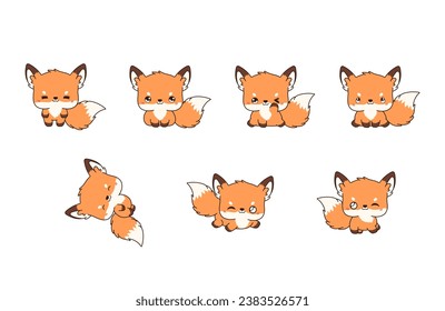 Collection of Vector Cartoon Fox Art. Set of Kawaii Isolated Animal Illustrations for Prints for Clothes, Stickers, Baby Shower, Coloring Pages. 