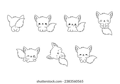 Kollektion von Vektorgrafik-Fox-Farbseiten. Set von Kawaii Isolated Animal Outline für Stickers, Baby Shower, Farbbuch, Prints für Kleidung. 