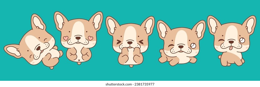 Collection of Vector Cartoon French Bulldog Dog Art. Set of Kawaii Isolated Animal Illustrations for Prints for Clothes, Stickers, Baby Shower, Coloring Pages. 