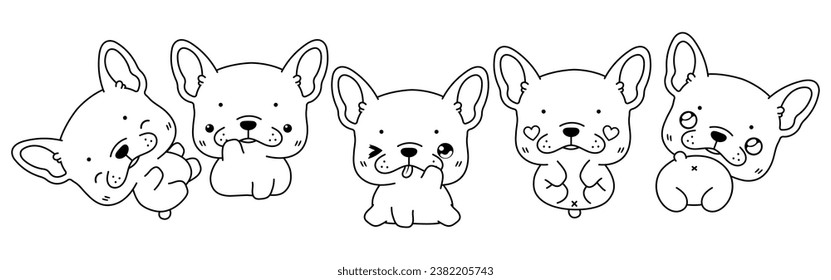 Collection of Vector Cartoon French Bulldog Dog Coloring Page. Set of Kawaii Isolated Animal Outline for Stickers, Baby Shower, Coloring Book, Prints for Clothes. 