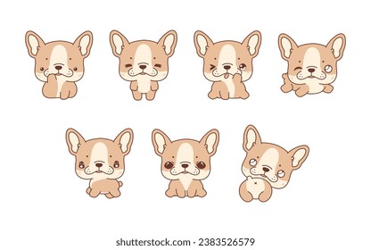 Collection of Vector Cartoon French Bulldog Dog Art. Set of Kawaii Isolated Animal Illustrations for Prints for Clothes, Stickers, Baby Shower, Coloring Pages. 