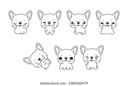 Collection of Vector Cartoon French Bulldog Dog Coloring Page. Set of Kawaii Isolated Animal Outline for Stickers, Baby Shower, Coloring Book, Prints for Clothes