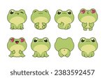 Collection of Vector Cartoon Frog Art. Set of Kawaii Isolated Amphibian Illustrations for Prints for Clothes, Stickers, Baby Shower, Coloring Pages. 