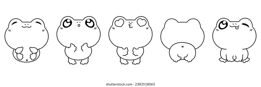 Collection of Vector Cartoon Frog Coloring Page. Set of Kawaii Isolated Amphibian Outline for Stickers, Baby Shower, Coloring Book, Prints for Clothes. 