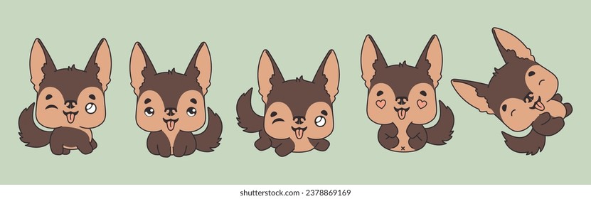 Collection of Vector Cartoon German Shepherd Dog Art. Set of Kawaii Isolated Animal Illustrations for Prints for Clothes, Stickers, Baby Shower, Coloring Pages. 