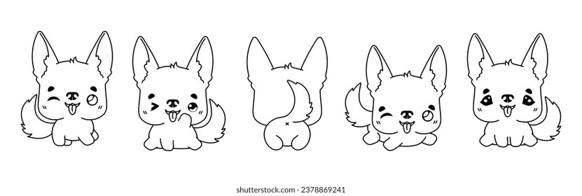 Collection of Vector Cartoon German Shepherd Dog Coloring Page. Set of Kawaii Isolated Animal Outline for Stickers, Baby Shower, Coloring Book, Prints for Clothes. 