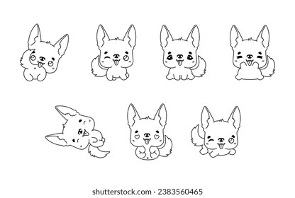 Collection of Vector Cartoon German Shepherd Dog Coloring Page. Set of Kawaii Isolated Animal Outline for Stickers, Baby Shower, Coloring Book, Prints for Clothes. 