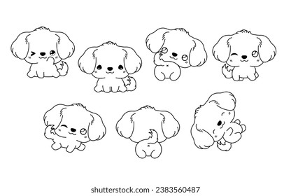 Collection of Vector Cartoon Golden Retriever Dog Coloring Page. Set of Kawaii Isolated Animal Outline for Stickers, Baby Shower, Coloring Book, Prints for Clothes. 