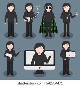 Collection of vector cartoon hacker character in various poses and emotions. Concept of internet protection, hacking and coding