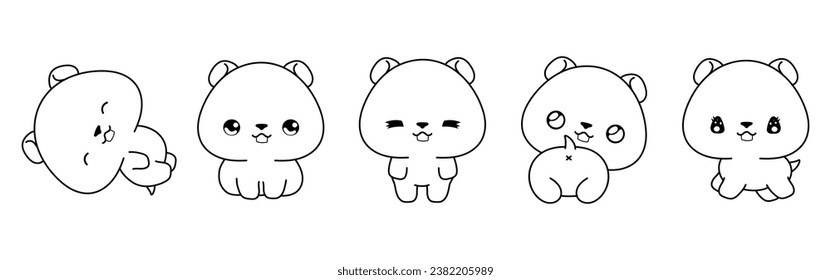 Collection of Vector Cartoon Hamster Coloring Page. Set of Kawaii Isolated Baby Animal Outline for Stickers, Baby Shower, Coloring Book, Prints for Clothes. 