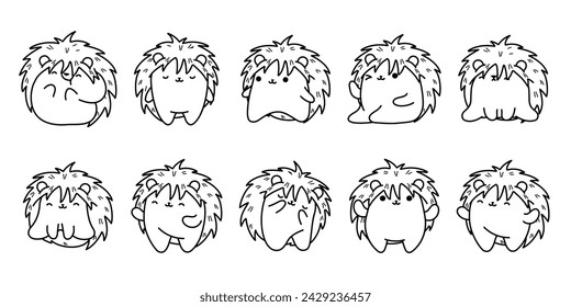 Collection of Vector Cartoon Hedgehog Coloring Page. Set of Kawaii Isolated Forest Animal Outline for Stickers, Baby Shower, Coloring Book, Prints for Clothes.
