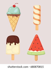 Collection of vector cartoon ice cream illustrations. Summer food.
