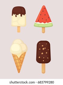 Collection of vector cartoon ice cream illustrations. Summer food.