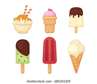 Collection of vector cartoon ice cream illustrations. Summer food.