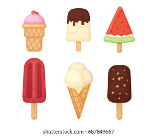 Collection of vector cartoon ice cream illustrations. Summer food.