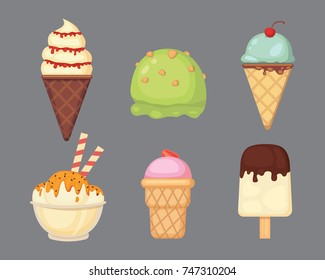 Collection of vector cartoon ice cream illustrations. Summer food.