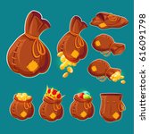 Collection of vector cartoon illustrations of bags with gold coins and jewels. Can be used as elements of game design