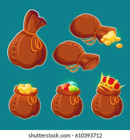 Collection of vector cartoon illustrations of bags with gold coins and jewels