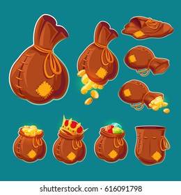 Collection of vector cartoon illustrations of bags with gold coins and jewels. Can be used as elements of game design