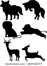 A collection of vector cartoon illustrations featuring silhouettes of wild animals