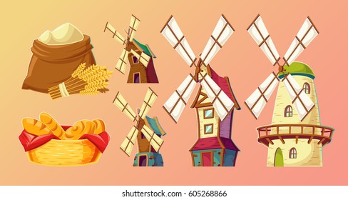 Collection of vector cartoon illustrations, icons of traditional old windmills, bag of flour, basket with bread.