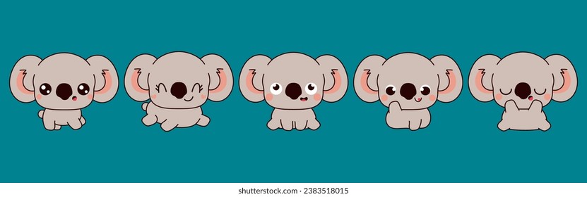 Collection of Vector Cartoon Koala Art. Set of Kawaii Isolated Baby Animal Illustrations for Prints for Clothes, Stickers, Baby Shower, Coloring Pages. 