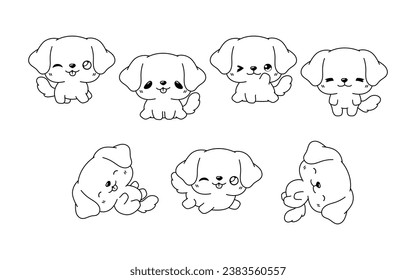 Collection of Vector Cartoon Labrador Retriever Dog Coloring Page. Set of Kawaii Isolated Dog Outline for Stickers, Baby Shower, Coloring Book, Prints for Clothes. 