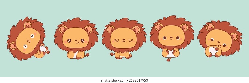 Collection of Vector Cartoon Lion Art. Set of Kawaii Isolated Animal Illustrations for Prints for Clothes, Stickers, Baby Shower, Coloring Pages. 